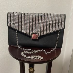 Black Evening Bag with Rhinestones and Silver Chain